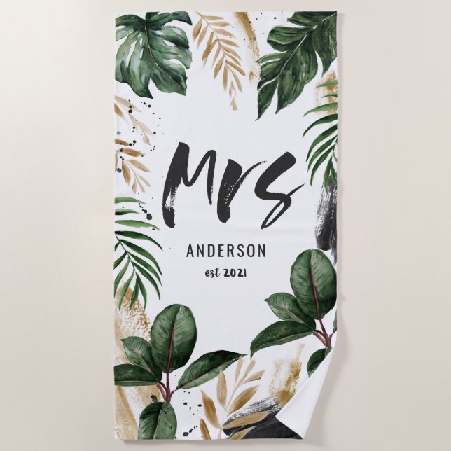 Serviette de plage à feuilles tropicales et typogr (Devant)