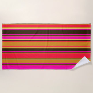 Serviette de plage à rayures or, rouge et magenta