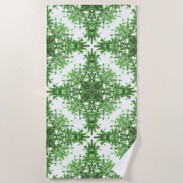 Serviette De Plage Abstract Floral Pattern In Black & Green On White (Devant)