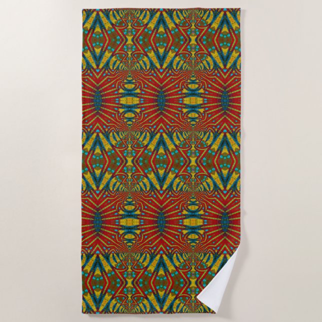 Serviette De Plage Abstrait hippie rouge jaune bleu ethnique Trippy (Devant)