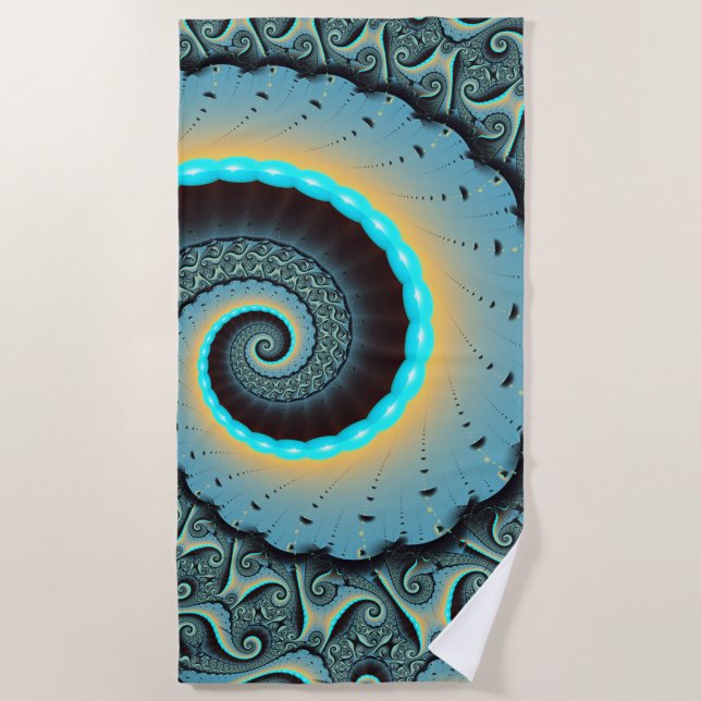 Serviette De Plage Abstraite spirale d'art fractal bleu turquoise ora (Devant)
