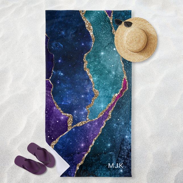 Serviette De Plage Agate bleu violet Aqua Gold Veines Monogramme (Agate Blue Purple Aqua Gold Veins Monogram Beach Towel)