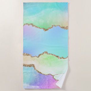 Serviette De Plage Agate Holo   Faux Iridescente Pastel Ombre Marble