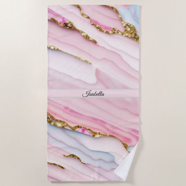 Serviette De Plage Agate Marble tendance Blue Pink Gold Collection (Devant)
