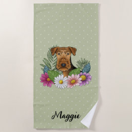 Serviette De Plage Airedale Terrier Aux Fleurs Colorées Et Nom