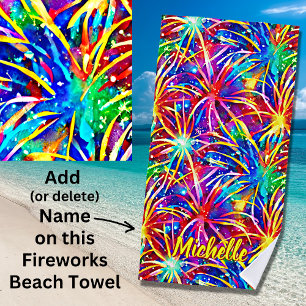 Serviette De Plage Ajouter le nom Feu d'artifice lumineux, peinture a