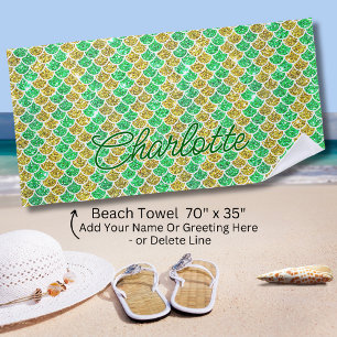 Serviette De Plage Ajouter le nom Green & Gold Mermaid Scales Beach T