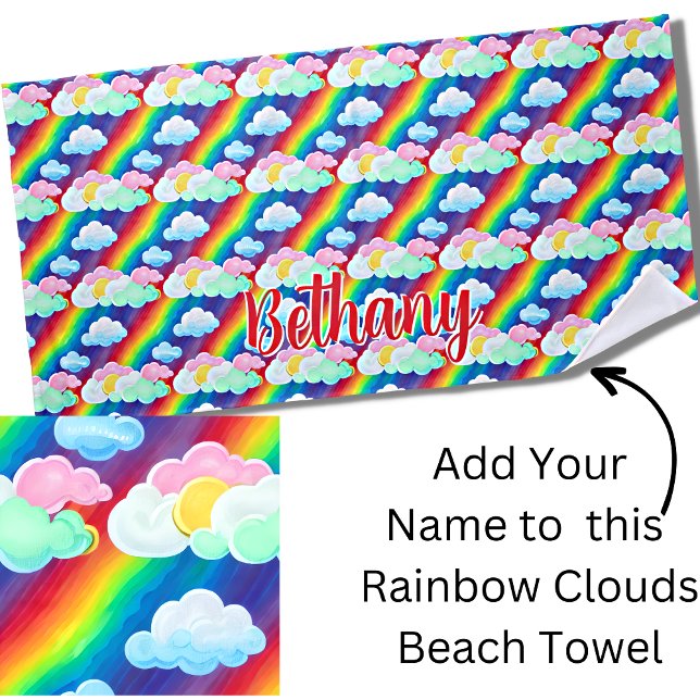 Serviette De Plage Ajouter le nom Texte, Rainbow Cotton Candy Nuages (Créateur téléchargé)