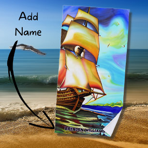 Serviette De Plage Ajouter Nom, Bateau à voile Ocean Sea, Bleu