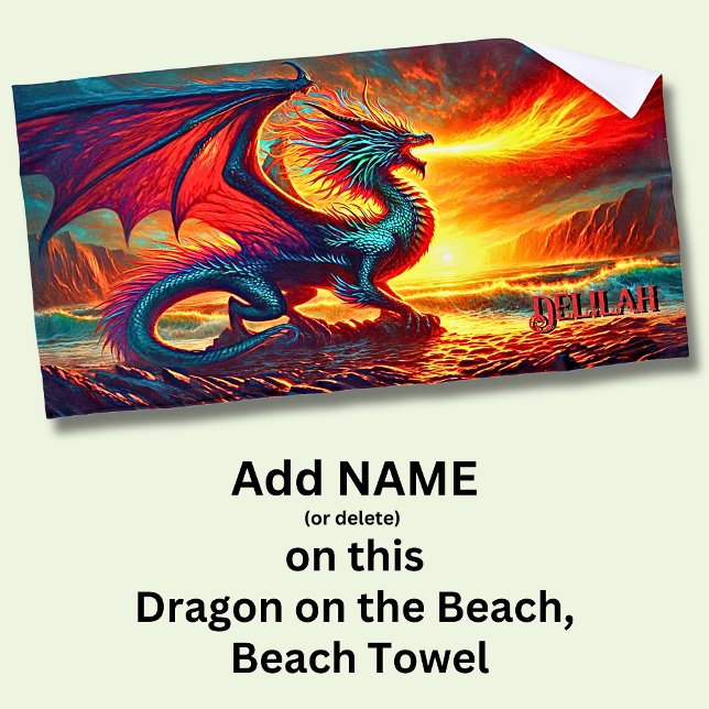 Serviette De Plage Ajouter Nom, Red Fire Breathing Dragon sur la plag (Créateur téléchargé)