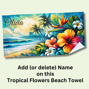 Serviette De Plage Ajouter un nom Fleurs tropicales roses oranges au 