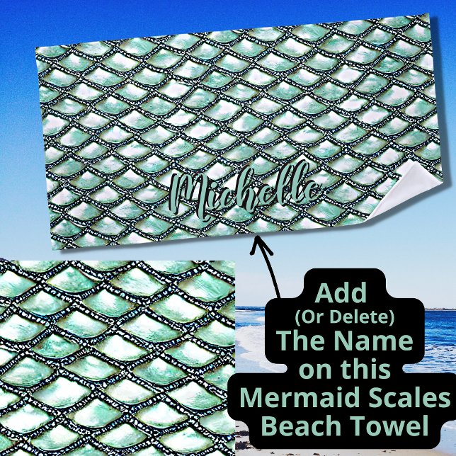Serviette De Plage Ajouter un nom, Mermaid Aqua Scales Pearl Silver D (Créateur téléchargé)