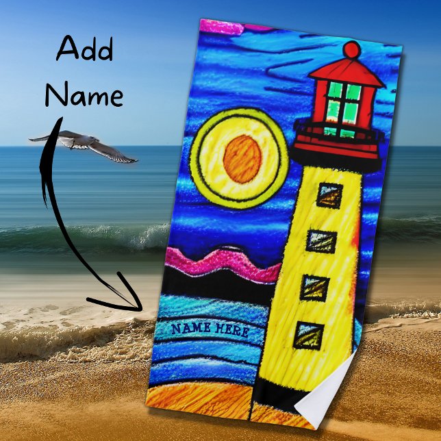 Serviette De Plage Ajouter un nom, phare au soleil, rouge jaune bleu  (Créateur téléchargé)