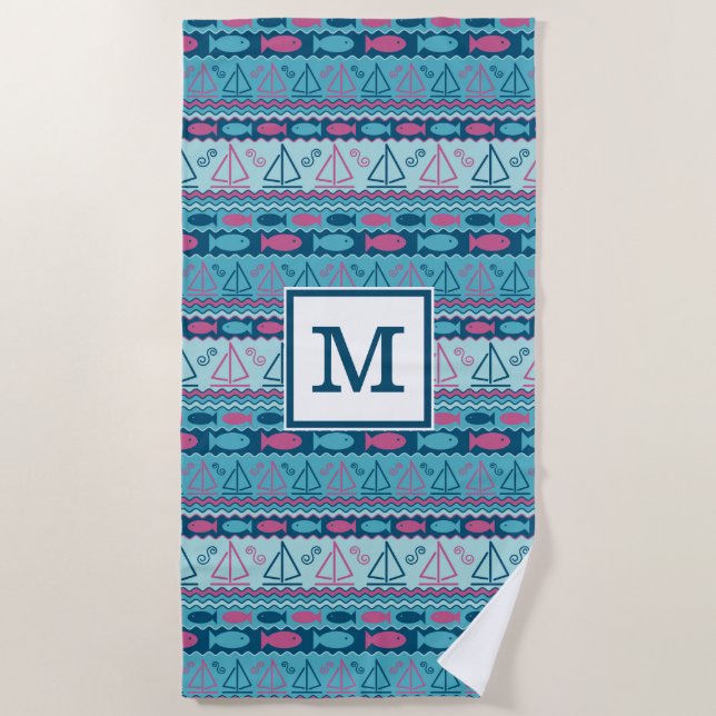 Serviette De Plage Ajouter votre monogramme| Poissons Et Voiliers Sup (Devant)