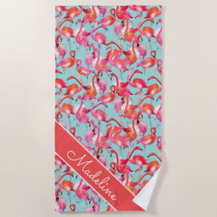 Serviette De Plage Ajoutez vos Flamants roses nommés d'aquarelle de