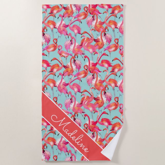 Serviette De Plage Ajoutez vos Flamants roses nommés d'aquarelle de | (Devant)