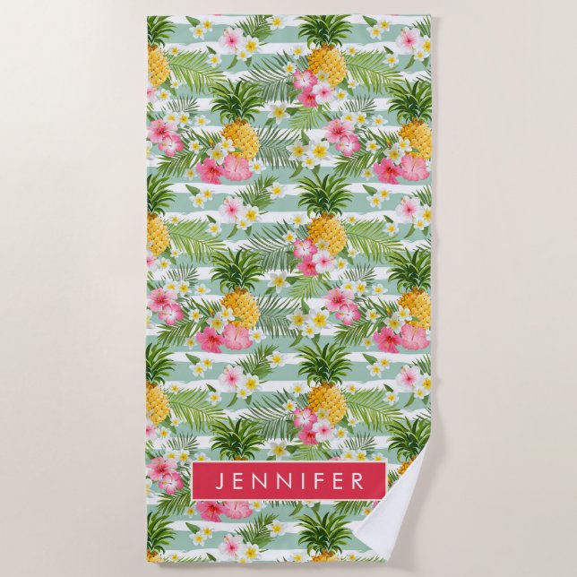 Serviette De Plage Ajoutez vos fleurs et ananas | tropicaux nommés (Devant)