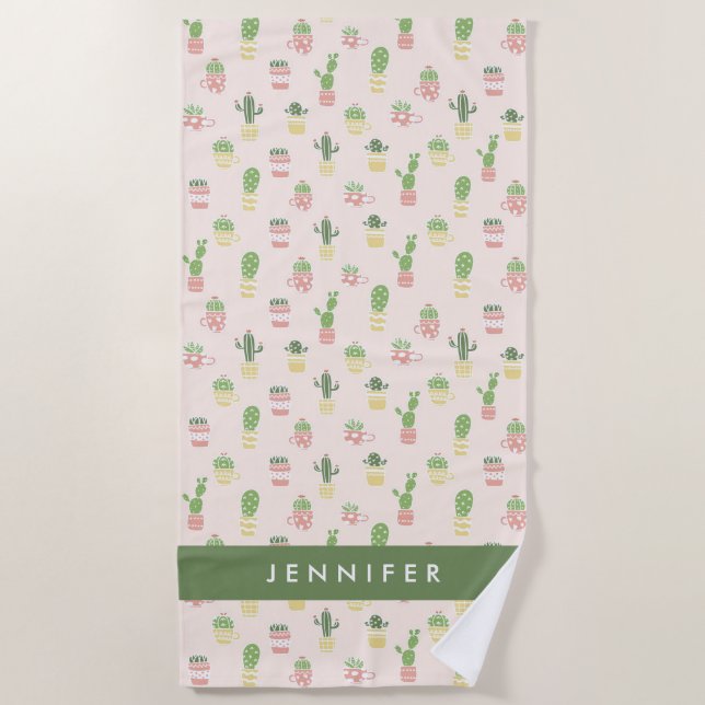 Serviette De Plage Ajoutez votre motif | mignon nommé de cactus (Devant)