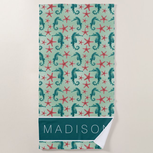 Serviette De Plage Ajoutez votre motif | turquoise nommé d'hippocampe (Devant)