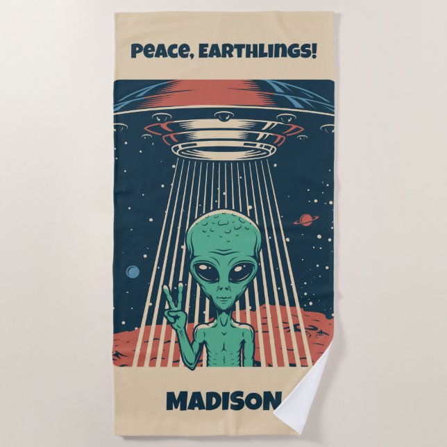 Serviette De Plage Alien UFO de texte personnalisé (Devant)