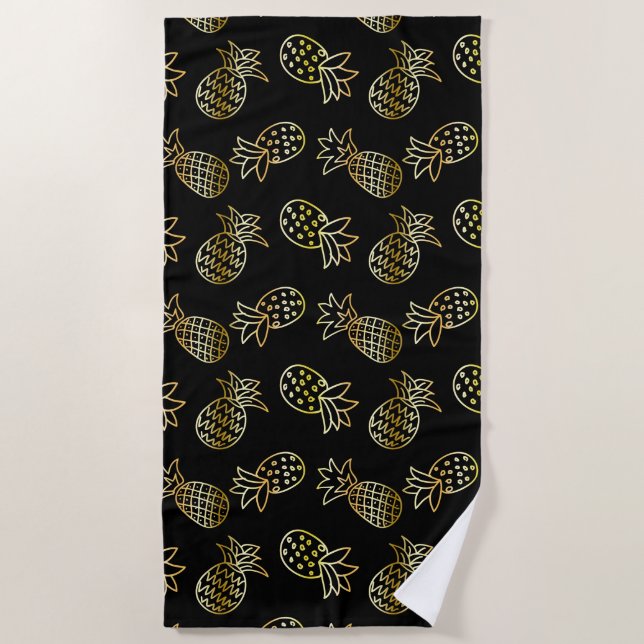 Serviette De Plage Ananas chic de noir et d'or (Devant)