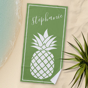 Serviette De Plage Ananas et vert blanc nom manuscrit