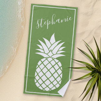 Serviette De Plage Ananas et vert blanc nom manuscrit