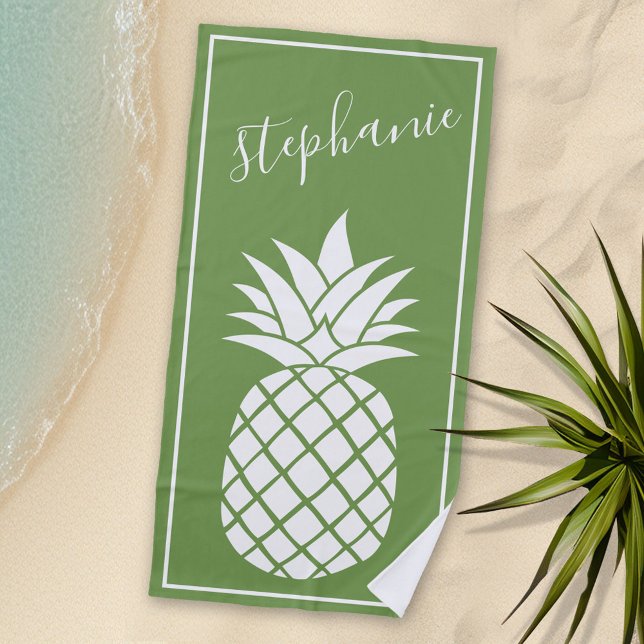 Serviette De Plage Ananas et vert blanc nom manuscrit (Personalized beach towel with a pineapple and name)