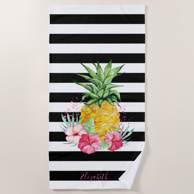 Serviette De Plage Ananas, Hibiscus Blancs Noirs (Devant)