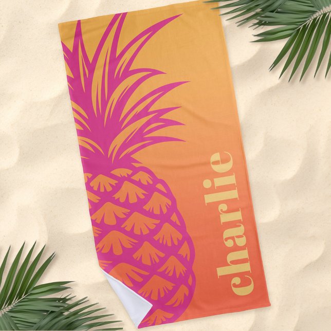 Serviette De Plage Ananas rose chaud orange dégradé jaune rétro (Hot pink pineapple orange yellow gradient retro beach towel)