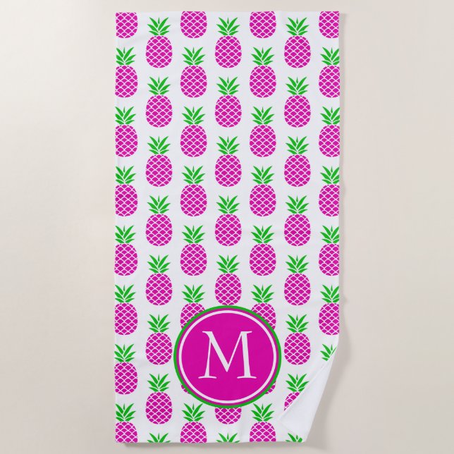 Serviette De Plage Ananas rose et vert de Preppy sur Monogramme blanc (Devant)