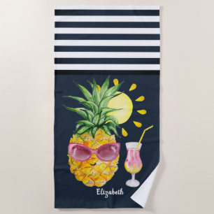 Serviette De Plage Ananas Sun Cocktail Navy Blue Striped