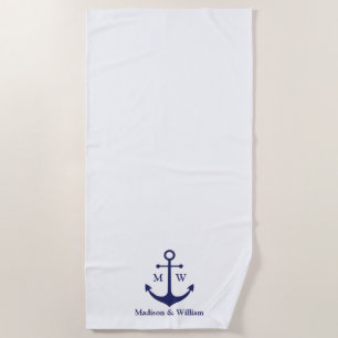 Serviette De Plage Ancrage nautique marine blanc personnalisé monogra