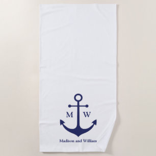 Serviette De Plage Ancrage nautique marine bleu blanc personnalisé mo