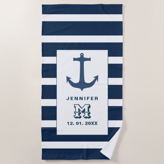 Serviette De Plage Ancre bleu marine blanc Personnalisé Monogramme (Devant)