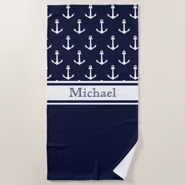 Serviette De Plage Ancre bleu marine moderne Nom Motif Nautique (Devant)