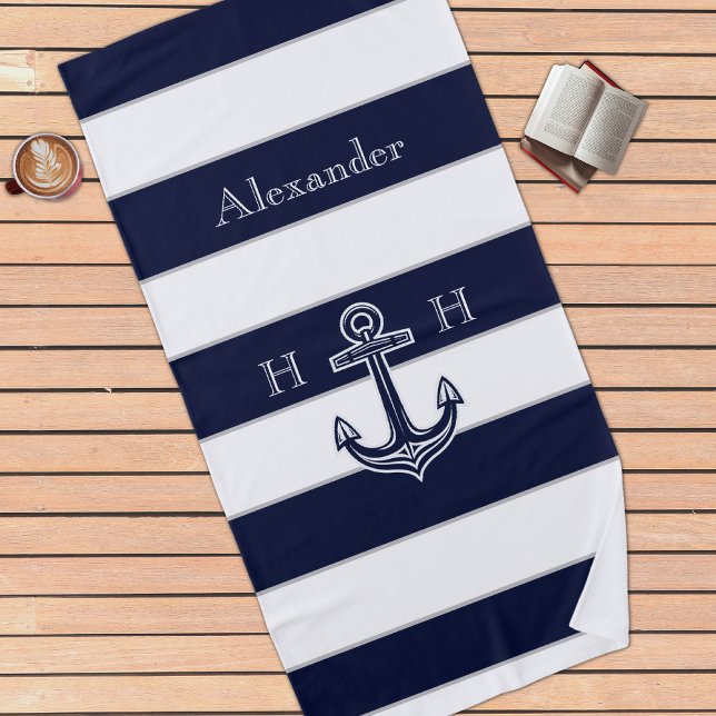 Serviette De Plage Ancre bleue marine Nom du monogramme côtier (Créateur téléchargé)