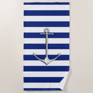 Serviette De Plage Ancre Chrome sur la marine nautique Bleu Stripes I