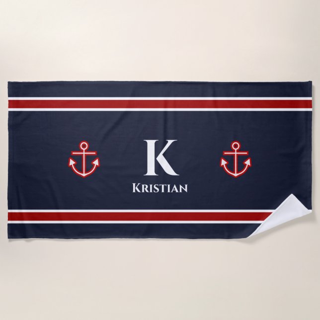 Serviette De Plage Ancre classique Monogramme bleu blanc noir marine (Devant)