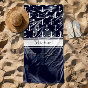 Serviette De Plage Ancre de modèle bleu marine moderne Nom Naudique
