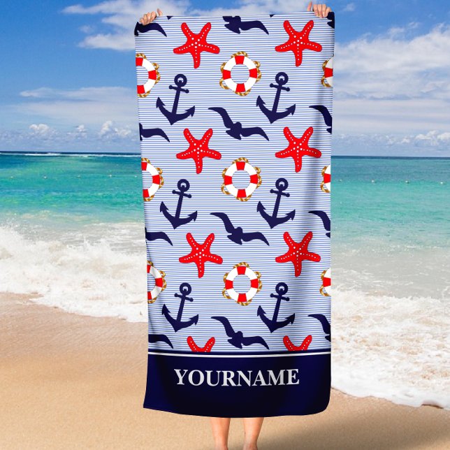 Serviette De Plage Ancre marine Bleu Bleu Blancs (Créateur téléchargé)