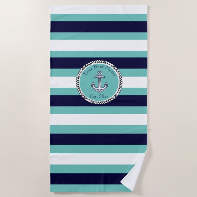 Serviette De Plage Ancre marine Bleu Turquoise Bandes blanches (Devant)