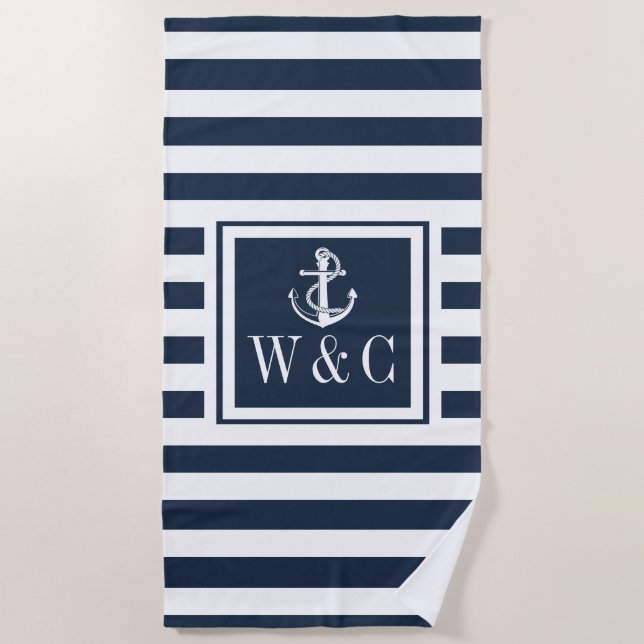 Serviette De Plage Ancre marine Bleue Bleue Monogramme (Devant)