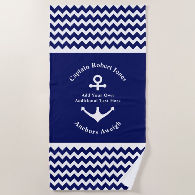Serviette De Plage Ancre marine bleue et blanche Texte personnalisé (Devant)
