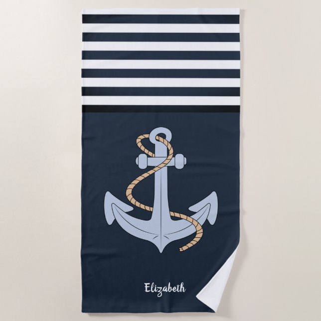 Serviette De Plage Ancre Marine marine Bleu rayé (Devant)