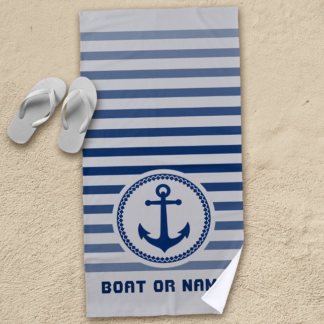 Serviette De Plage Ancre marine nautique Votre nom ou bateau Bleu & G (Créateur téléchargé)