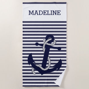 Serviette De Plage Ancre Nautione Personnalisée Bleu Marine Rayures B