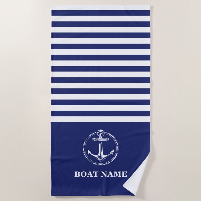 Serviette De Plage Ancre nautique Bleu marine Rayures (Devant)