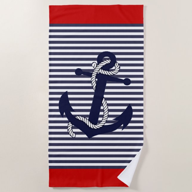 Serviette De Plage Ancre nautique Bleu Rouge Blanc rayures Motif (Devant)