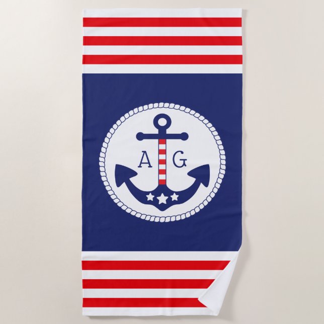 Serviette De Plage Ancre nautique Étoiles et rayures patriotiques Mon (Devant)